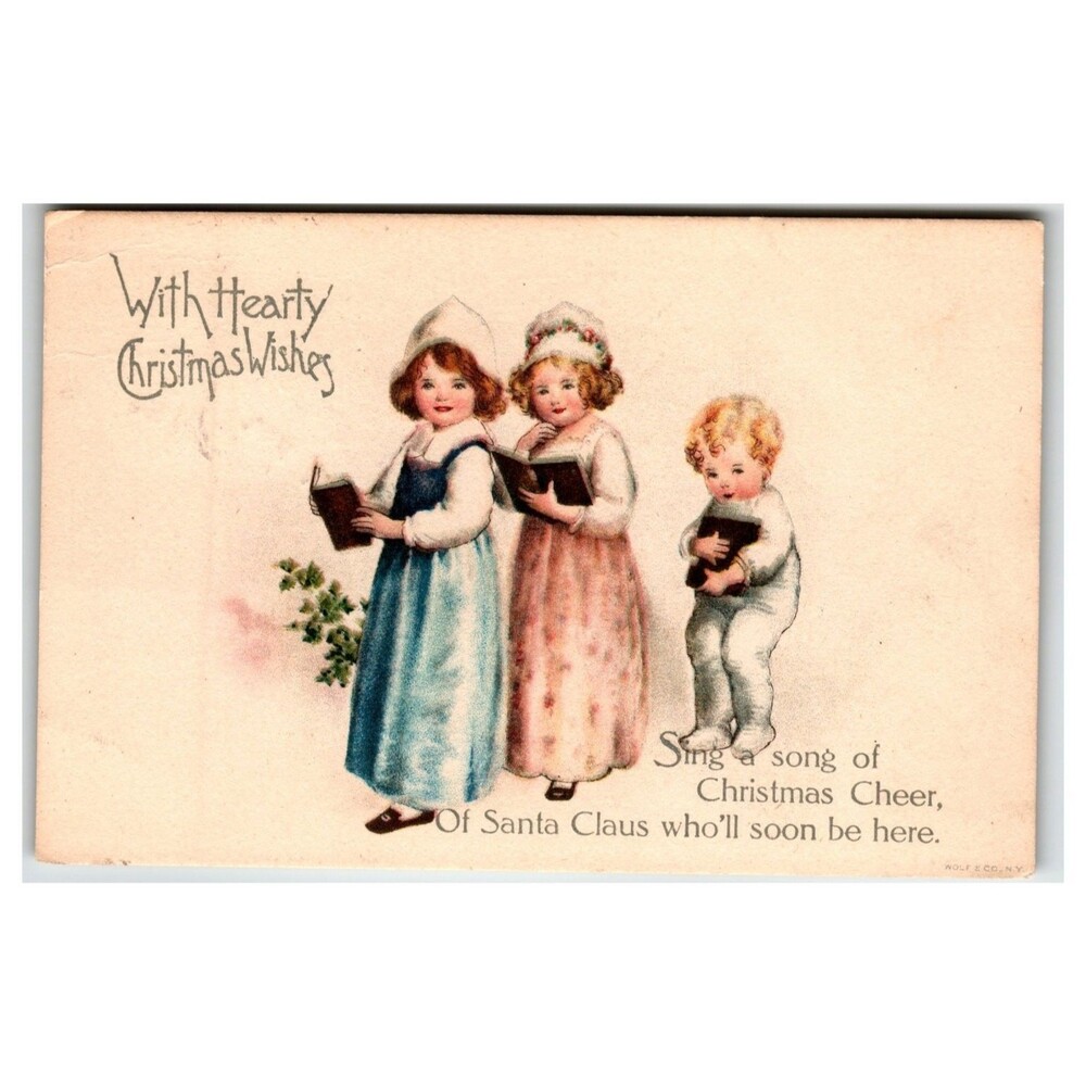 Christmas Postcard Clapsaddle Children Singing Carols Wolf & Co NY Lindsborg KS